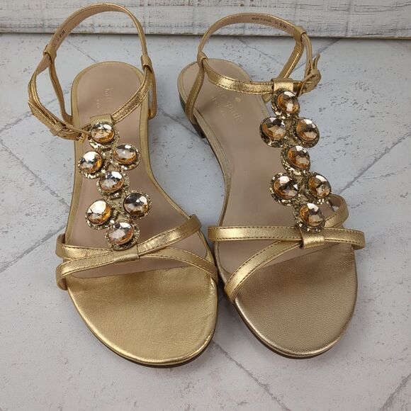 KATE SPADE Gold Metallic Stacey Flat Sandals Rhinestone Strappy Size 8.5 M - Picture 15 of 15